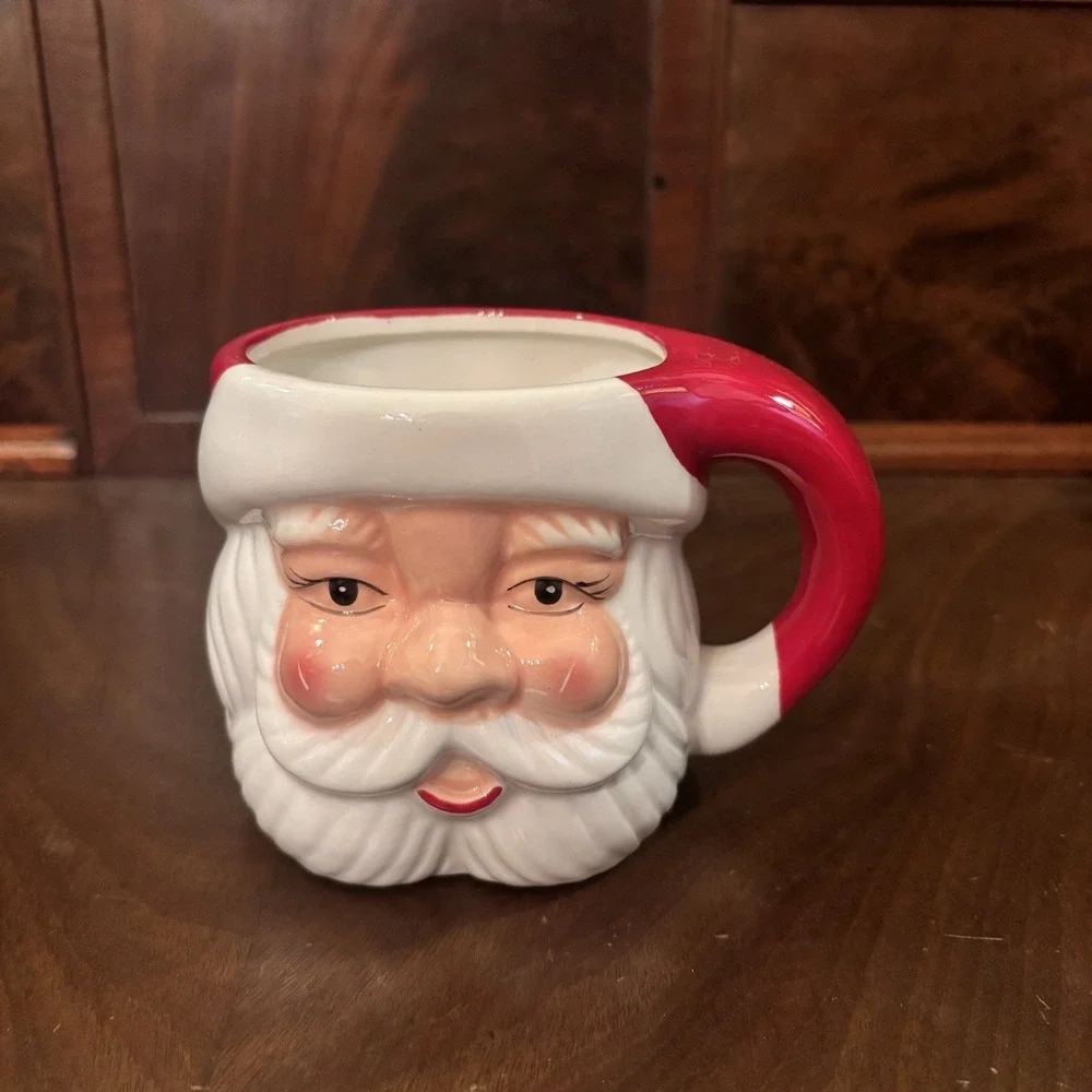 Pottery Barn Santa Claus Face Mug Christmas Holiday Ceramic Red White 3D